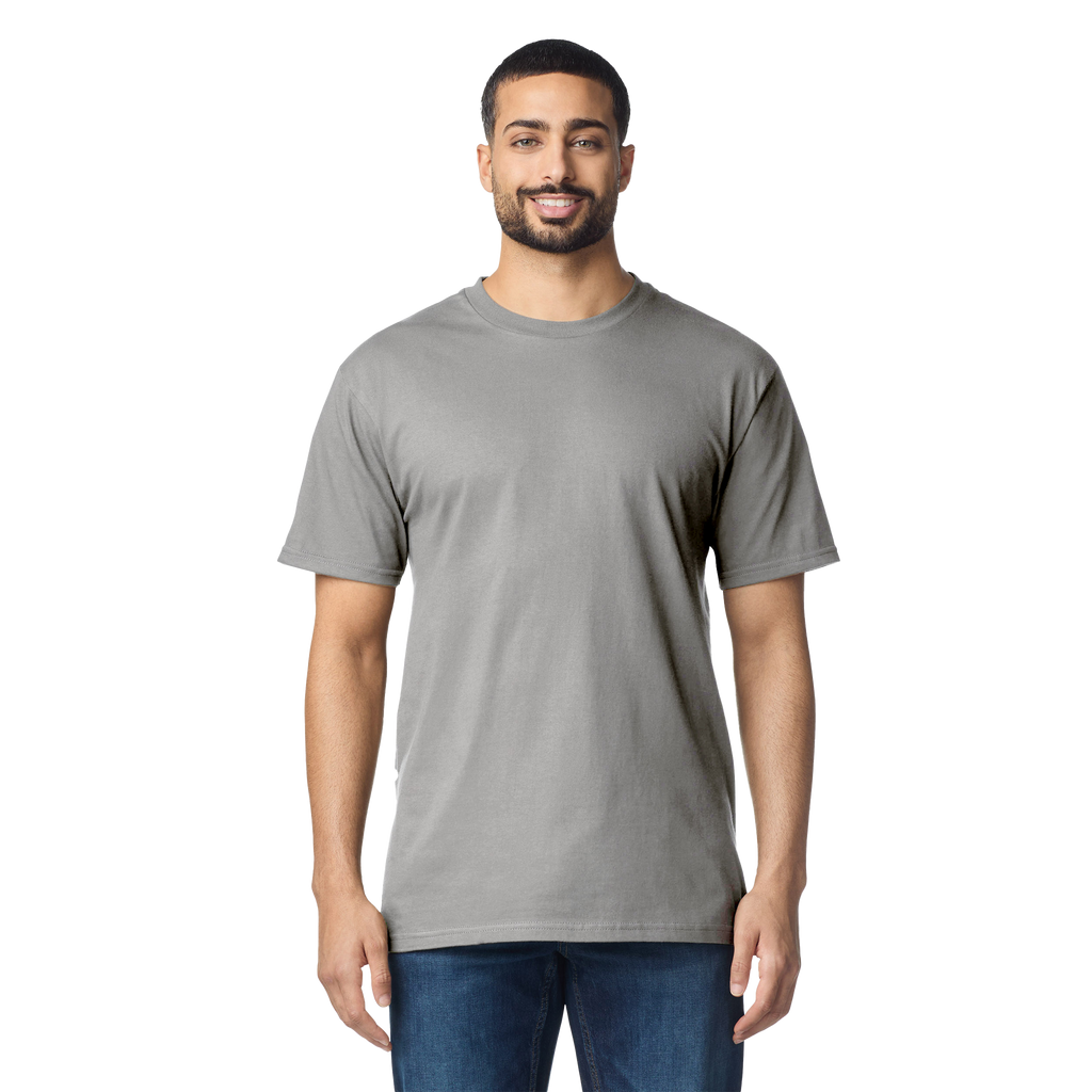 Gildan durable T-shirt in black with crew neck and short sleeves, front view showing soft fabric and classic fit