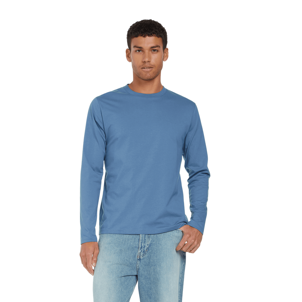 Earth Positive long sleeve T-shirt in natural fabric, featuring a simple crew neck and Earth Positive® branding on the chest.