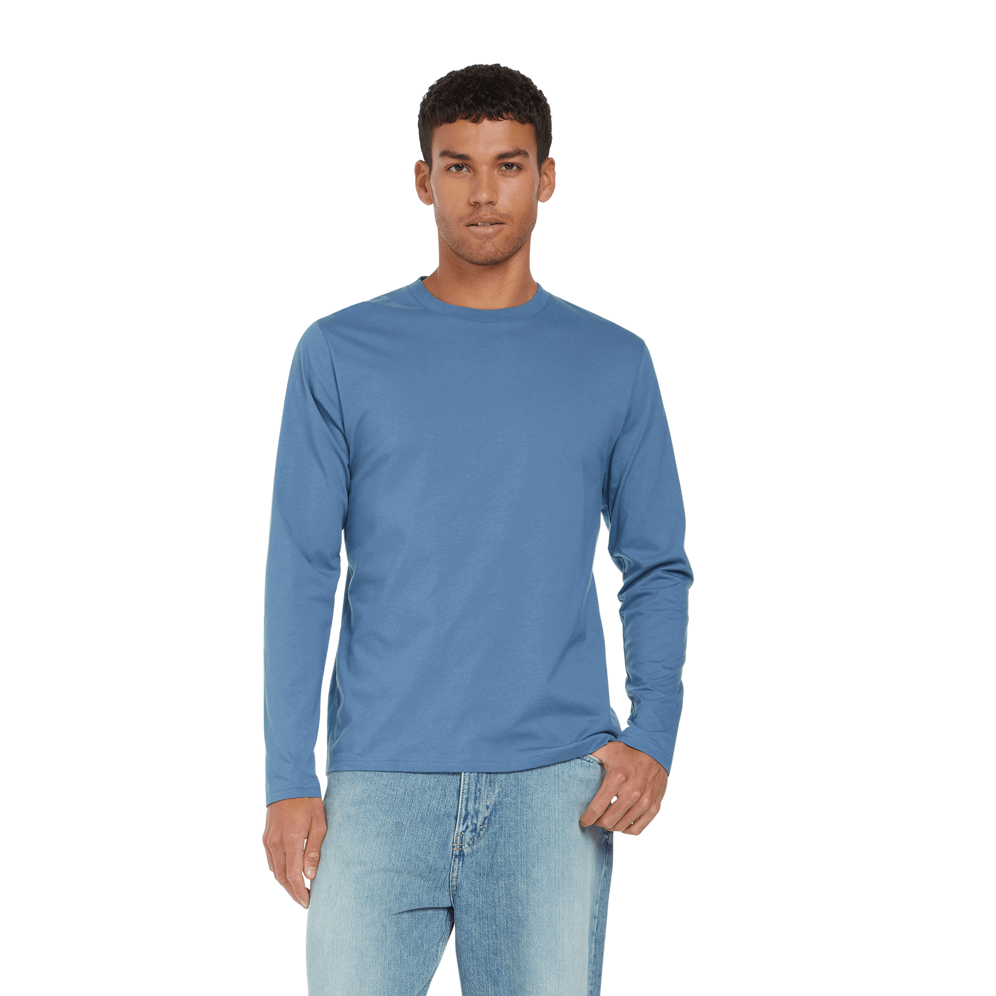 Earth Positive long sleeve T-shirt in natural fabric, featuring a simple crew neck and Earth Positive® branding on the chest.