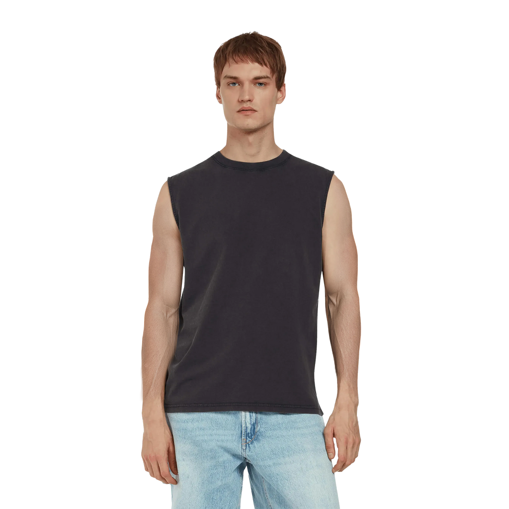 Earth Positive® sleeveless T-shirt EP01S shown on model, soft organic cotton, casual fit, white color, front view.