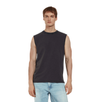 Earth Positive® sleeveless T-shirt EP01S shown on model, soft organic cotton, casual fit, white color, front view.