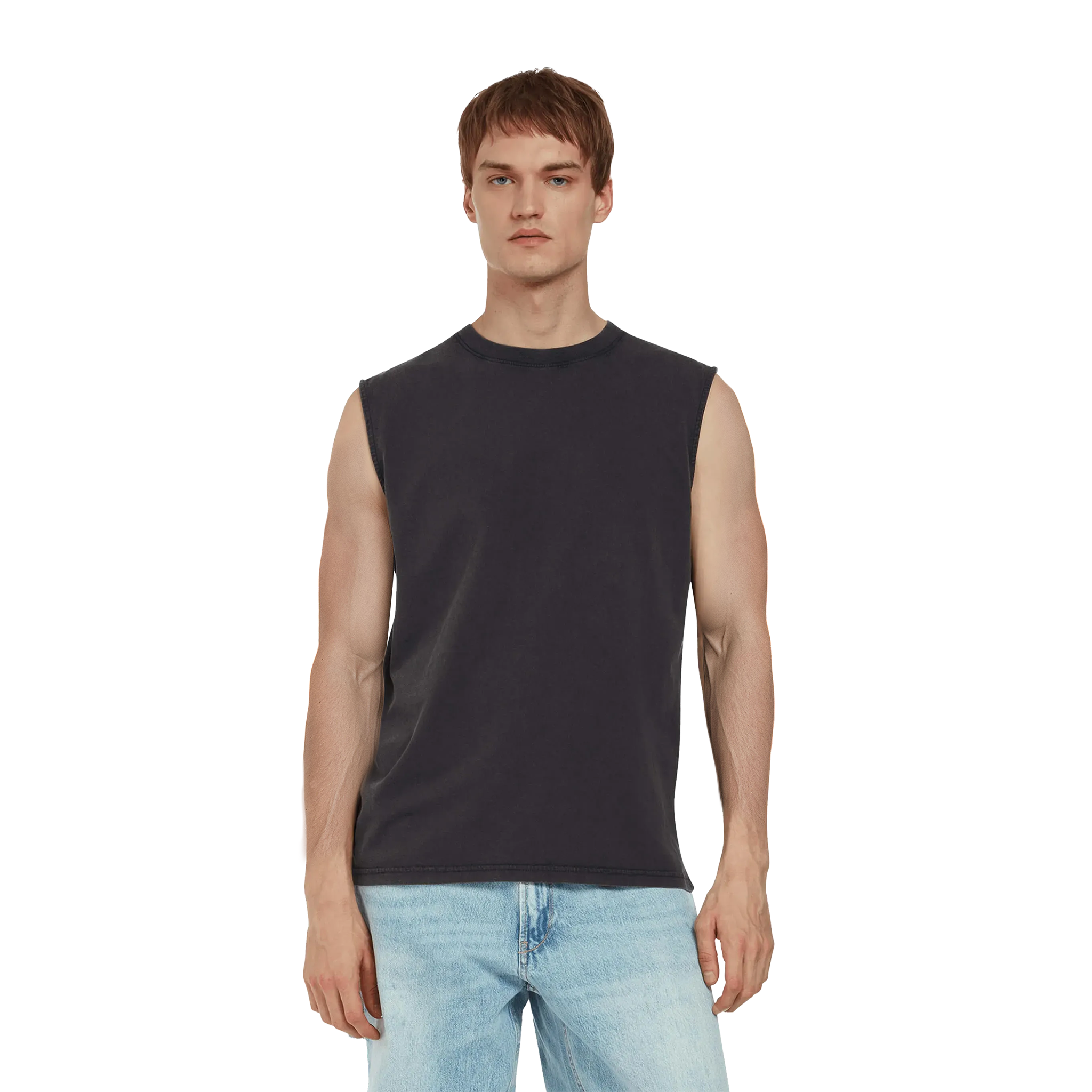 Earth Positive® sleeveless T-shirt EP01S shown on model, soft organic cotton, casual fit, white color, front view.