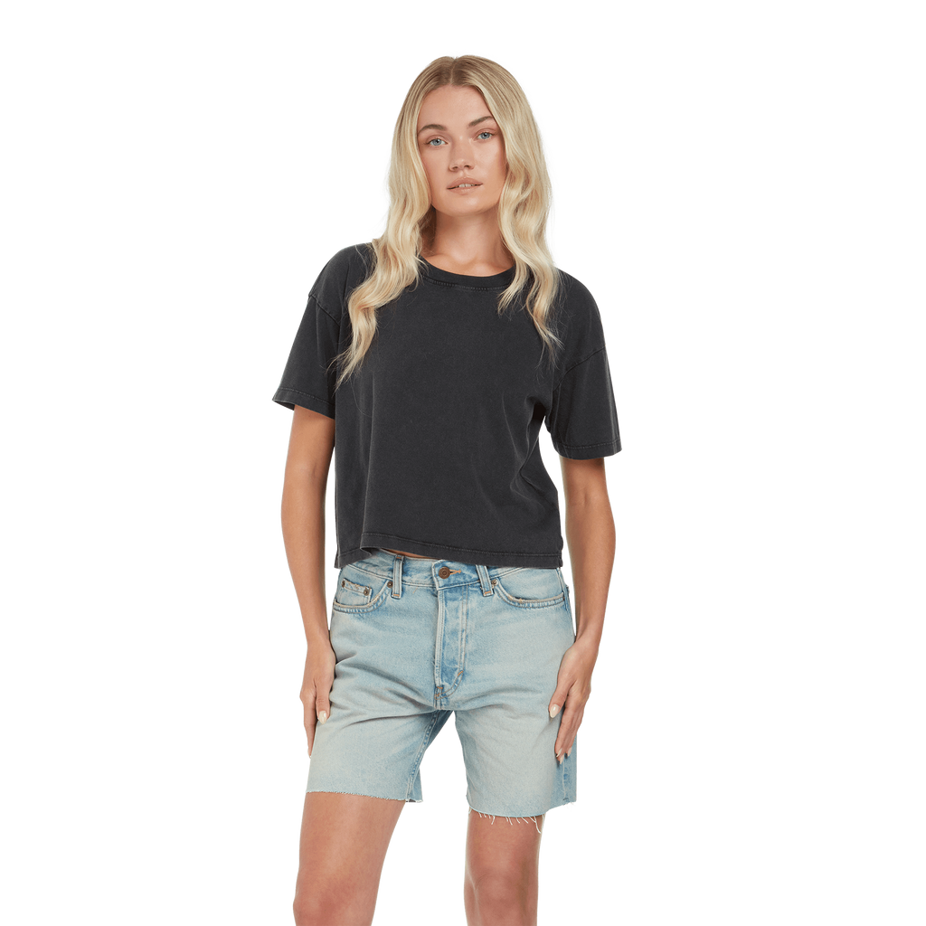 Earth Positive® women’s premium boxy T-shirt in soft cotton, shown in a stylish fit with a crew neckline and short sleeves.