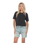 Earth Positive® women’s premium boxy T-shirt in soft cotton, shown in a stylish fit with a crew neckline and short sleeves.