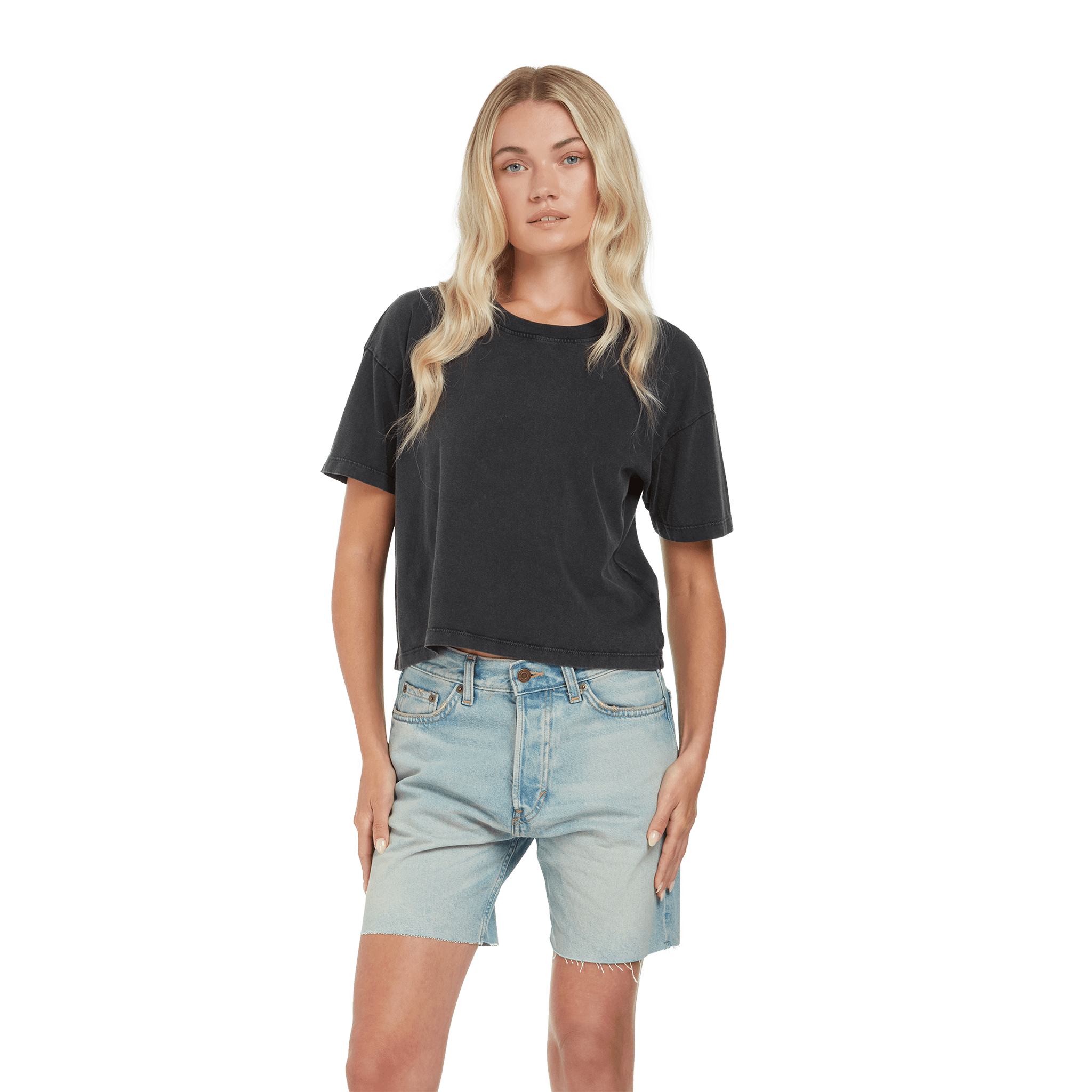 Earth Positive® women’s premium boxy T-shirt in soft cotton, shown in a stylish fit with a crew neckline and short sleeves.