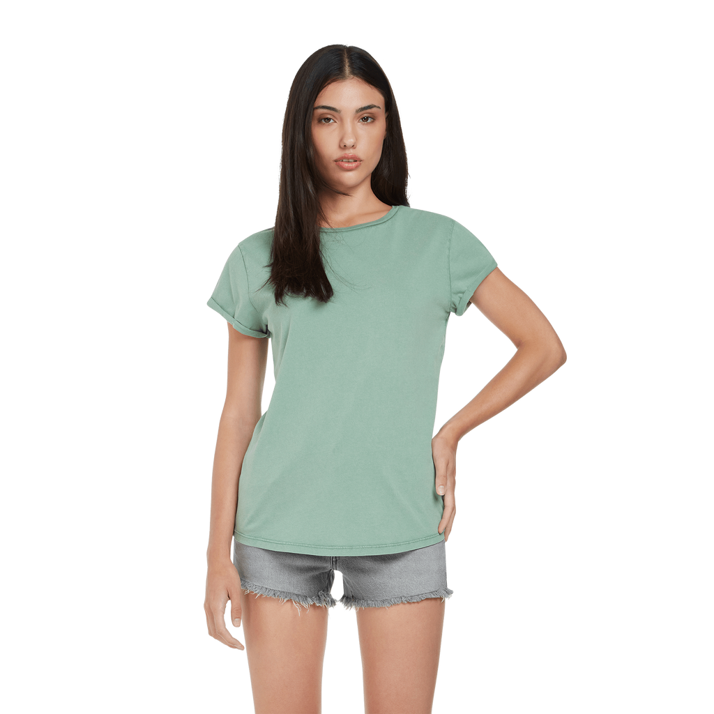 Earth Positive women's rolled sleeve T-shirt in soft organic cotton, featuring a relaxed fit and stylish rolled cuffs.