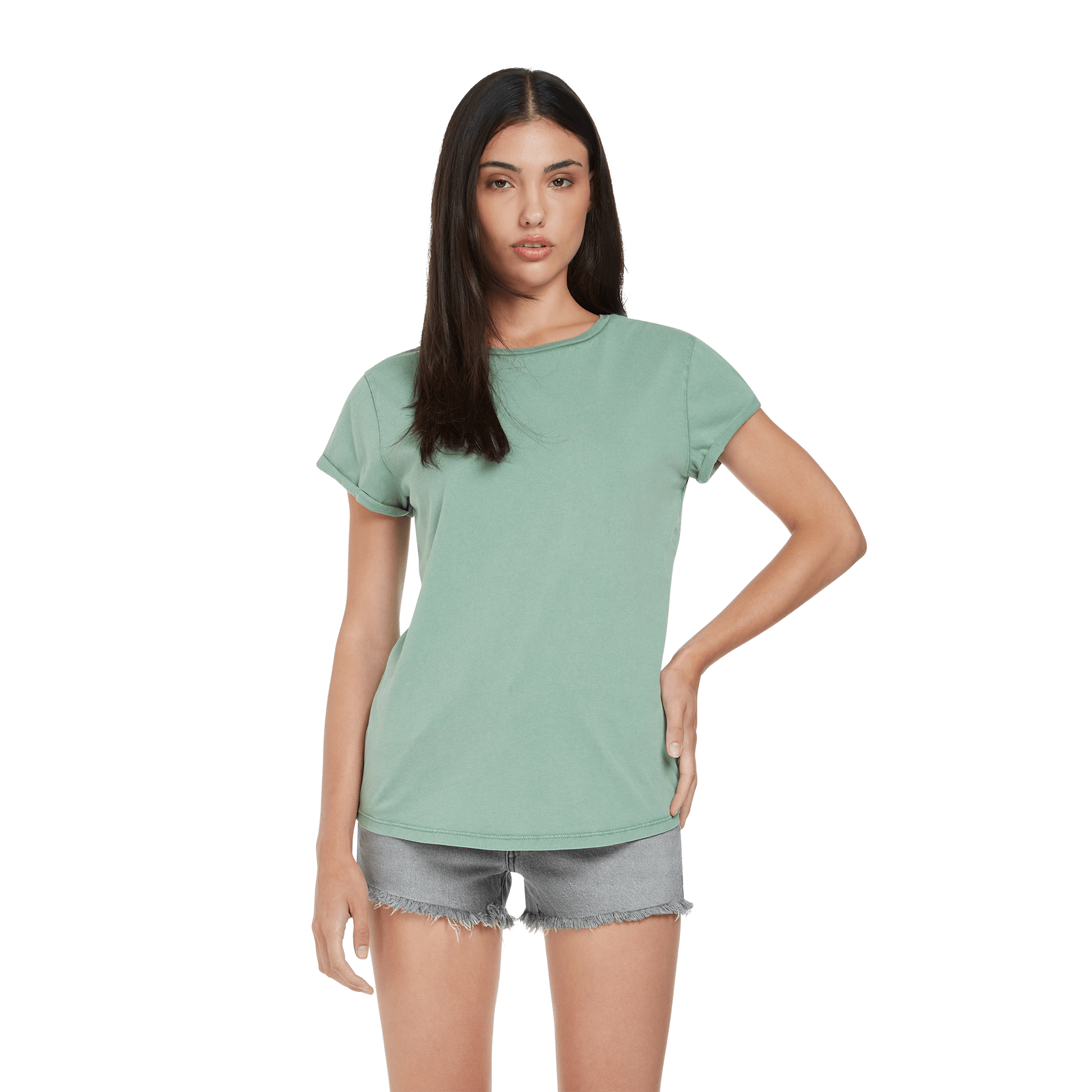 Earth Positive women's rolled sleeve T-shirt in soft organic cotton, featuring a relaxed fit and stylish rolled cuffs.