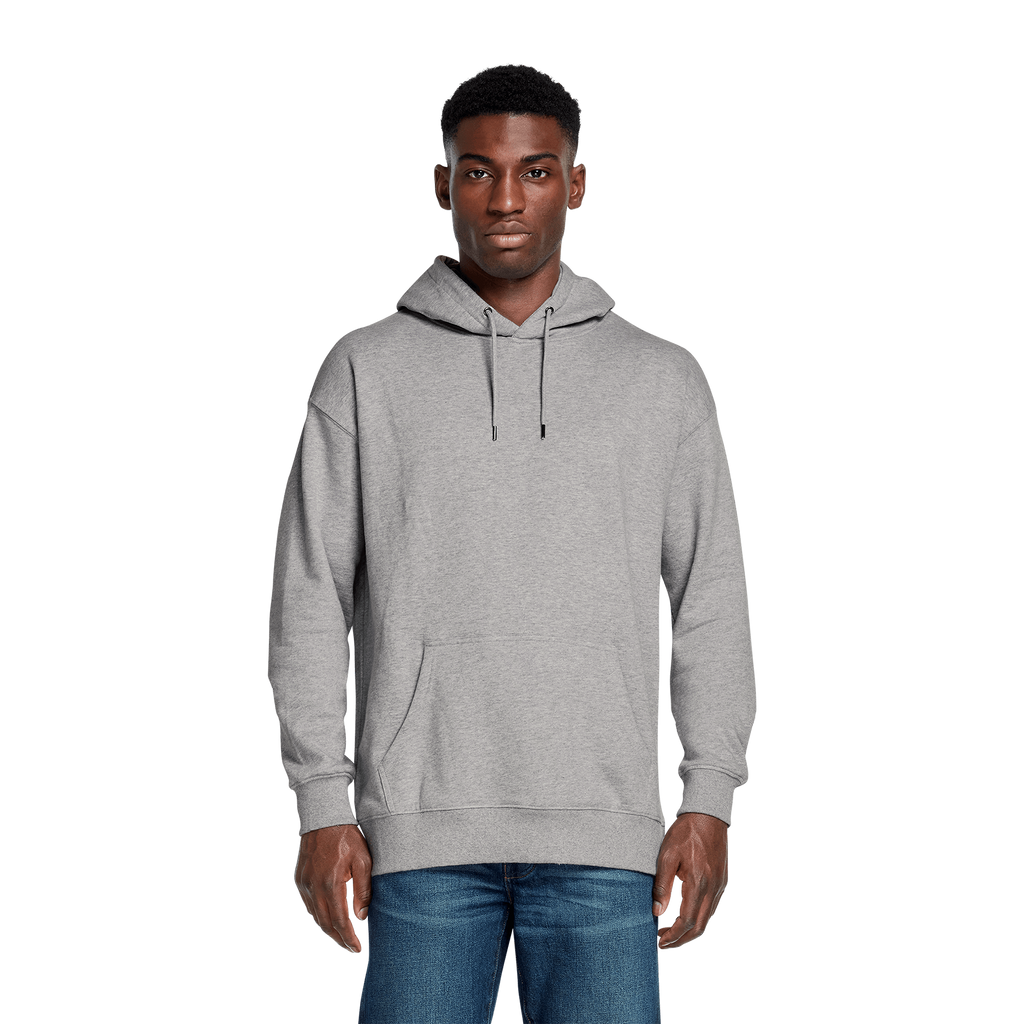 Earth Positive® EP301 pullover hoodie shown on model, soft, eco-friendly cotton sweatshirt with a relaxed fit and ribbed cuffs.