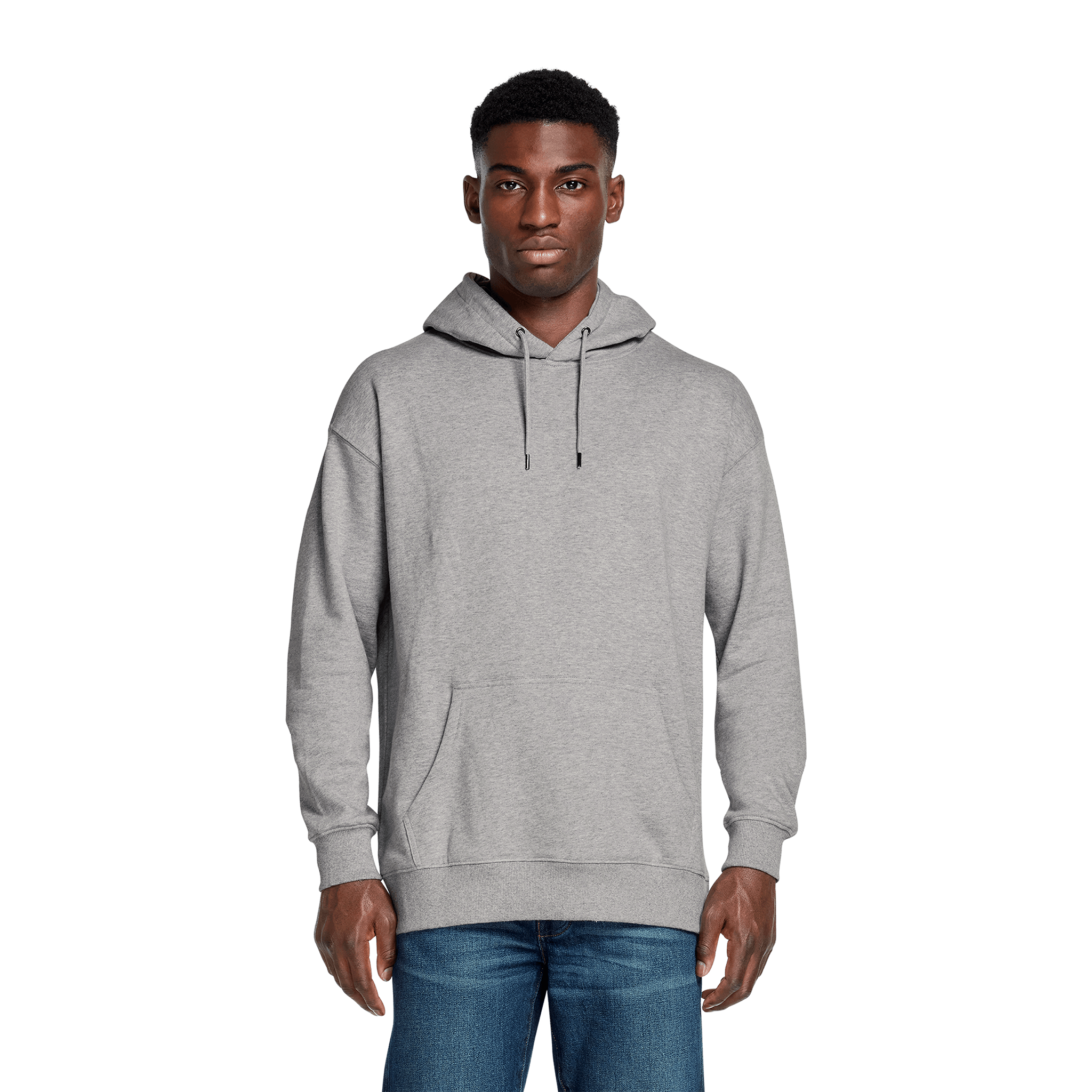 Earth Positive® EP301 pullover hoodie shown on model, soft, eco-friendly cotton sweatshirt with a relaxed fit and ribbed cuffs.