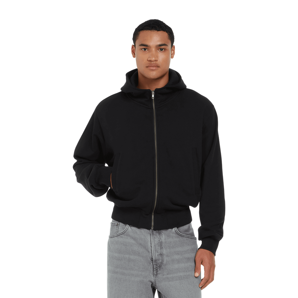 Earth Positive® EP306 bomber jacket hoodie, front view showing black fabric, ribbed cuffs, and adjustable drawstrings.