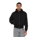 Earth Positive® EP306 bomber jacket hoodie, front view showing black fabric, ribbed cuffs, and adjustable drawstrings.
