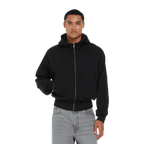 Earth Positive® EP306 bomber jacket hoodie, front view showing black fabric, ribbed cuffs, and adjustable drawstrings.