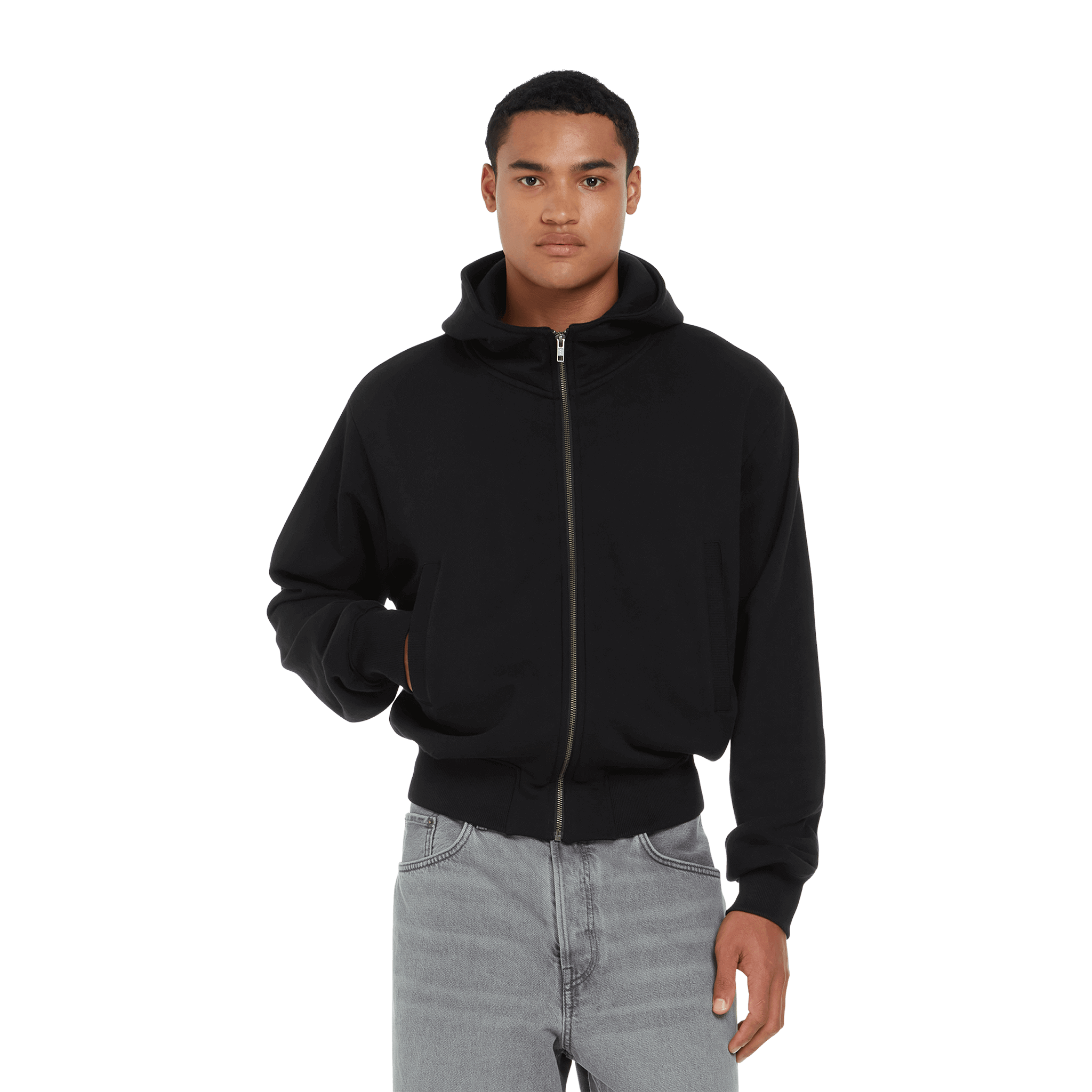 Earth Positive® EP306 bomber jacket hoodie, front view showing black fabric, ribbed cuffs, and adjustable drawstrings.