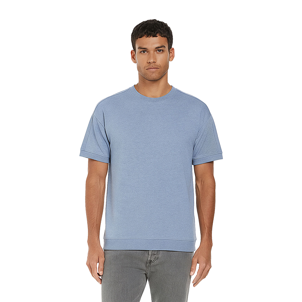 Earth Positive® EP312 short sleeve sweatshirt, soft cotton džemperis in natural color, displayed on a model.