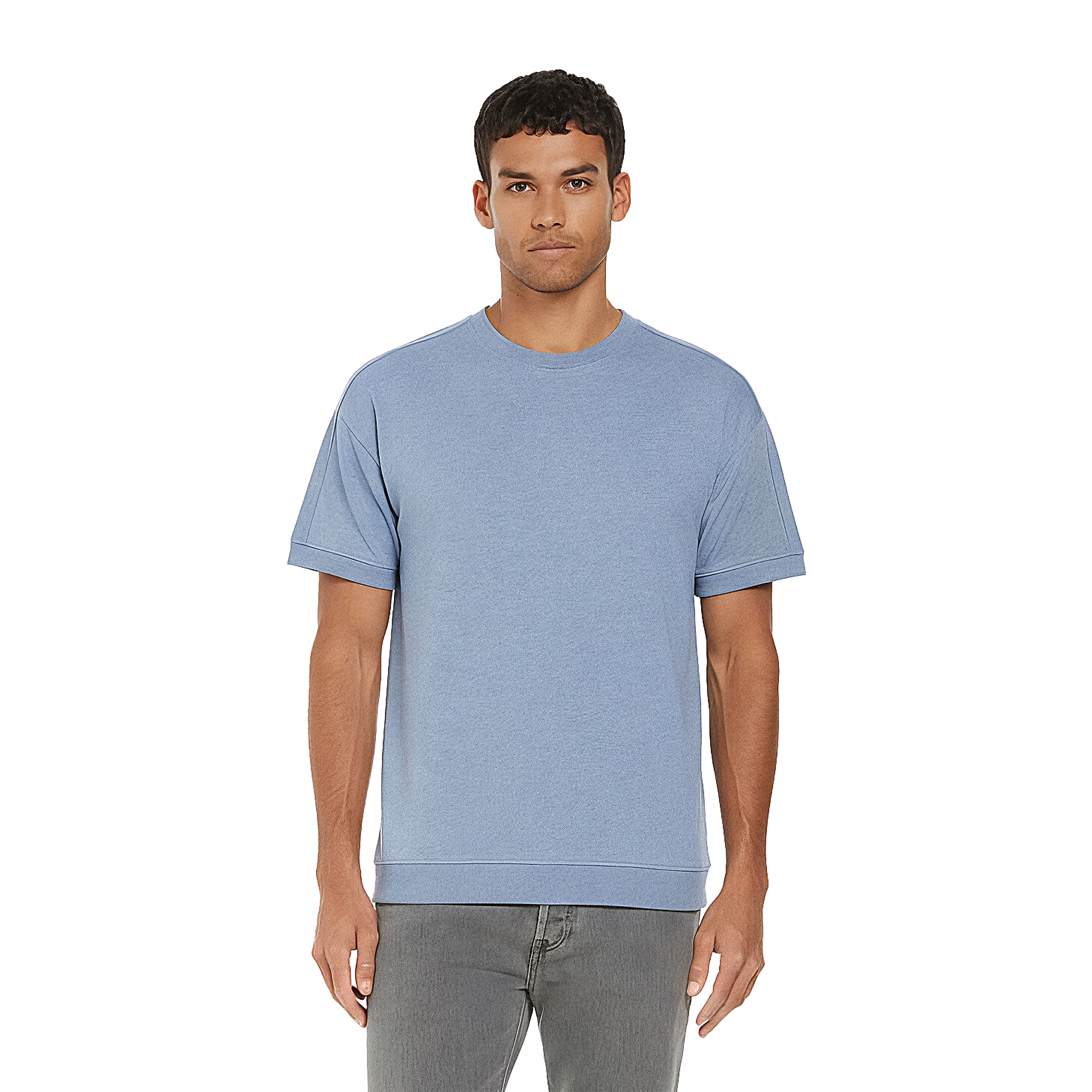 Earth Positive® EP312 short sleeve sweatshirt, soft cotton džemperis in natural color, displayed on a model.