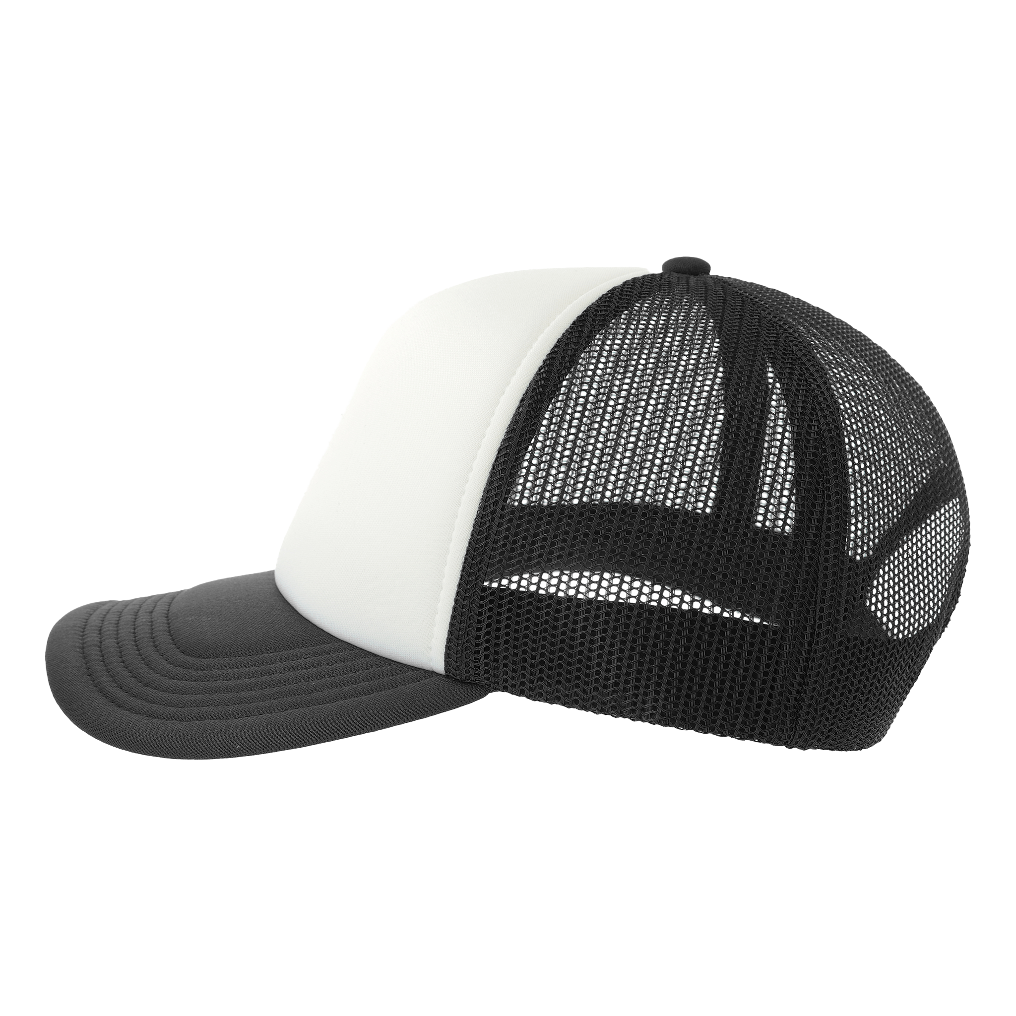 Atlantis Trucker RAPPER-S cap shown from side view, featuring a classic trucker style with mesh back and structured front.
