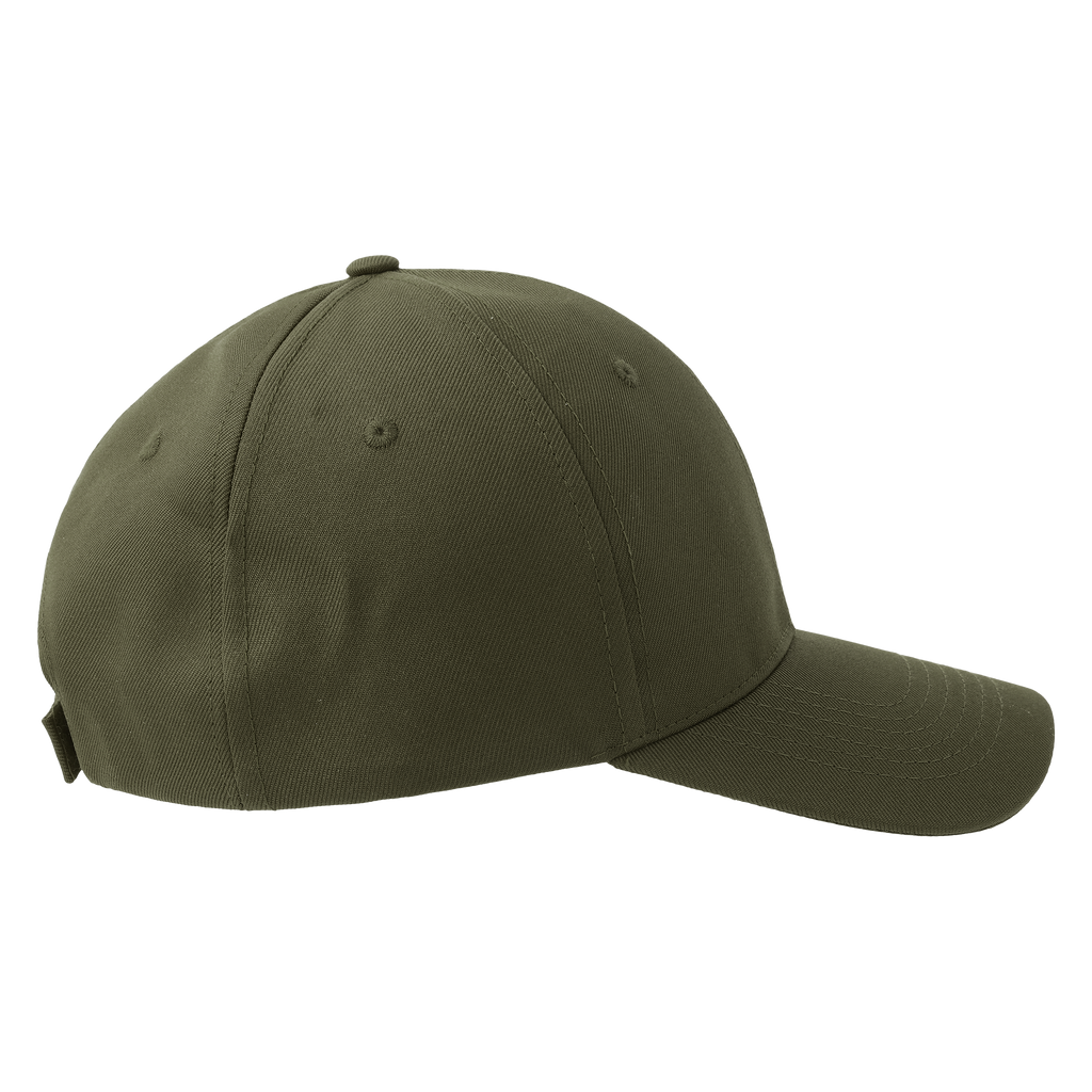 Atlantis Recy Six 6-paneled cap shown from side view, featuring a structured design with adjustable strap and embroidered logo.