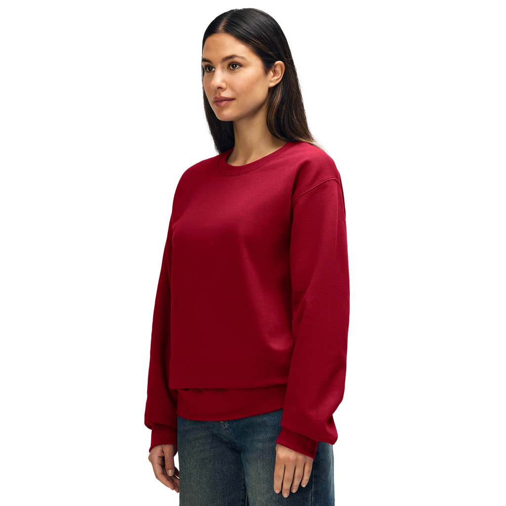 Gildan HAMMER Premium cherry red knitted jumper, long sleeves, crew neck, soft fabric, styled on a model.