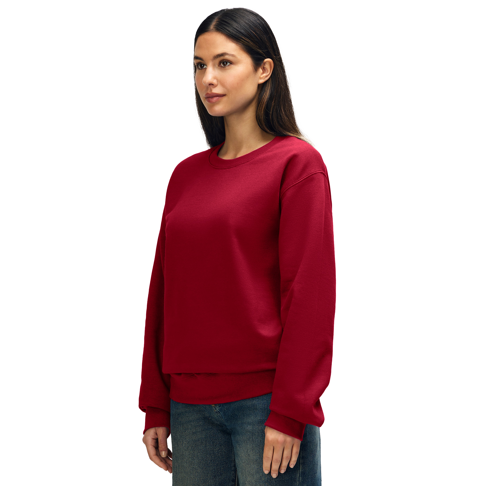 Gildan HAMMER Premium cherry red knitted jumper, long sleeves, crew neck, soft fabric, styled on a model.