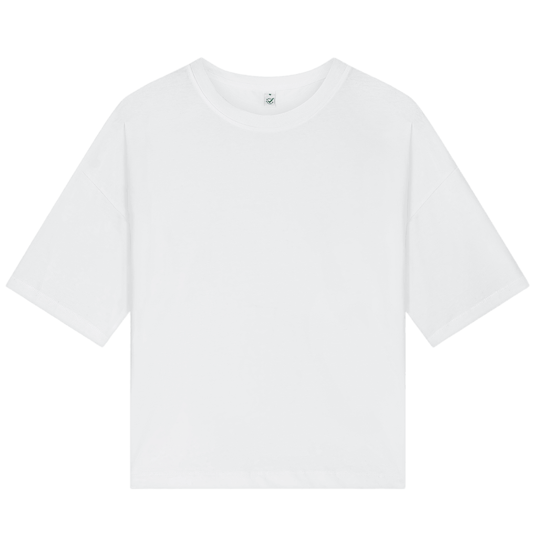 Earth Positive® women's heavy boxy T-shirt in white, front view, made by EP, showcasing its relaxed fit and soft fabric.