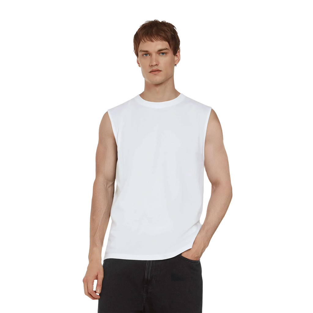 Earth Positive® sleeveless T-shirt EP01S, white cotton tank top with round neckline and fitted style, shown on model.