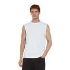 Earth Positive® sleeveless T-shirt EP01S, white cotton tank top with round neckline and fitted style, shown on model.