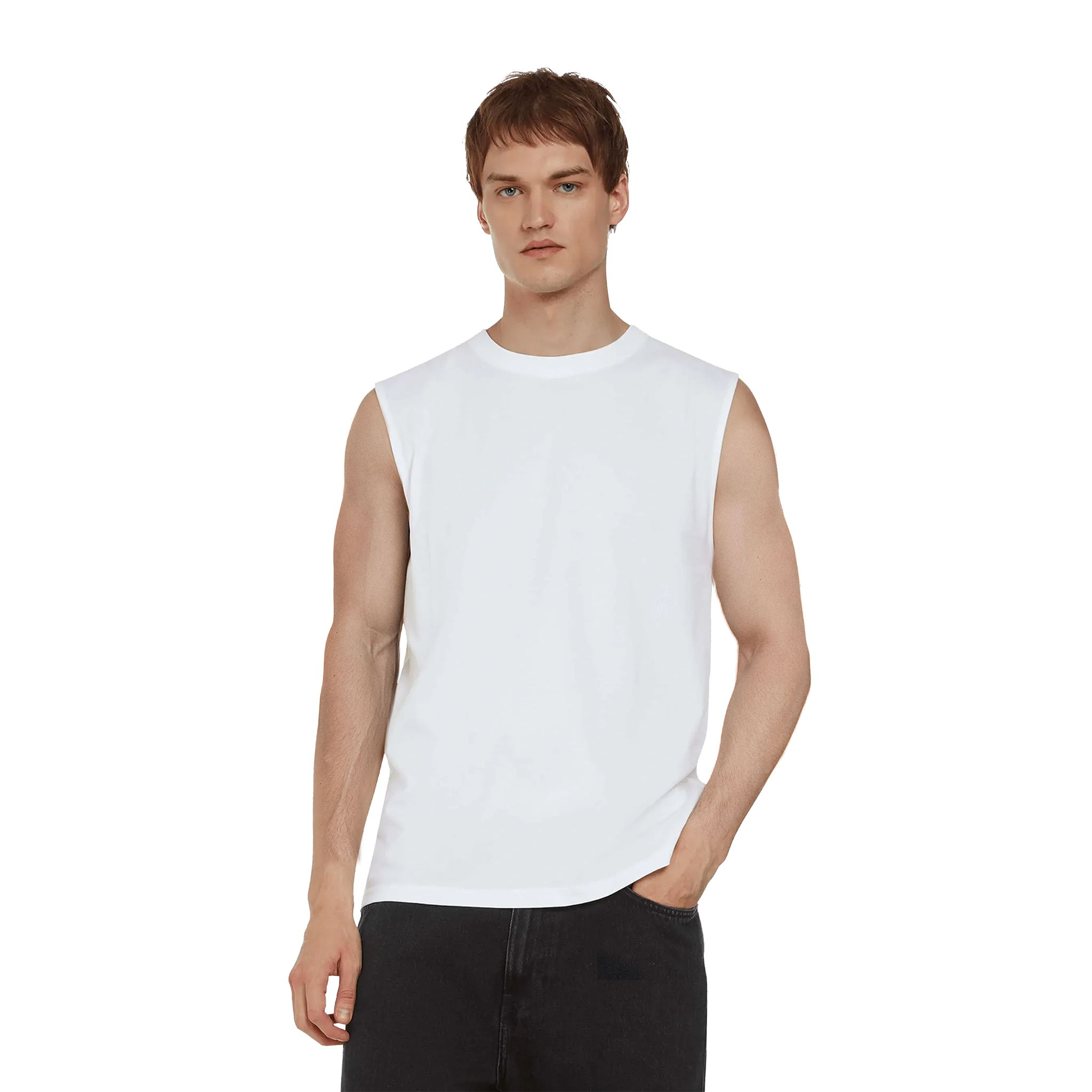 Earth Positive® sleeveless T-shirt EP01S, white cotton tank top with round neckline and fitted style, shown on model.