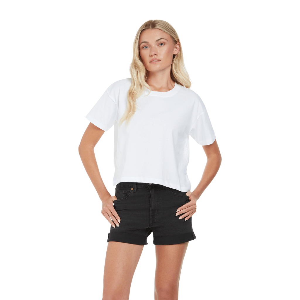 Earth Positive® women’s premium boxy T-shirt in natural color, front view showcasing the relaxed fit and soft fabric.