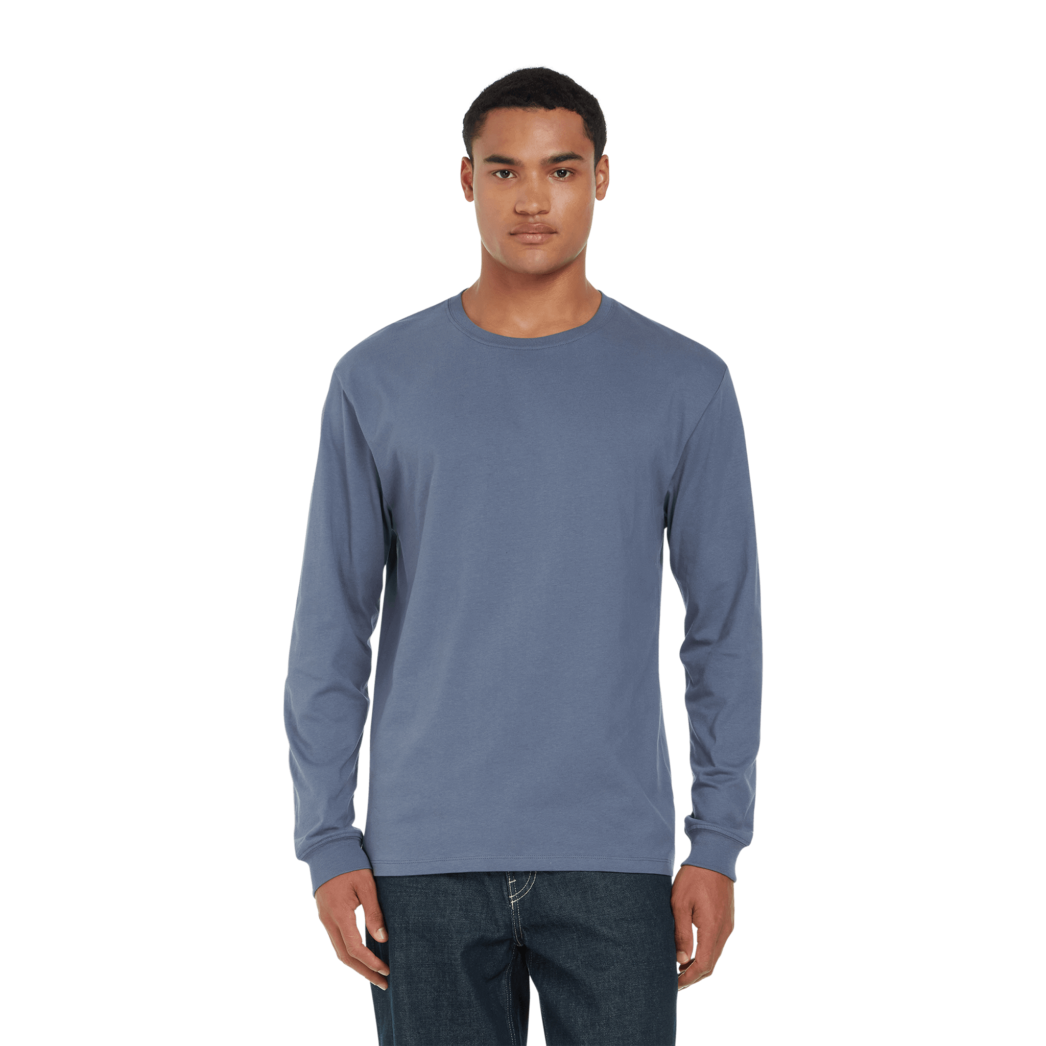 Earth Positive® EP185L long sleeve T-shirt in natural fabric, model wearing the eco-friendly, premium long sleeve tee.