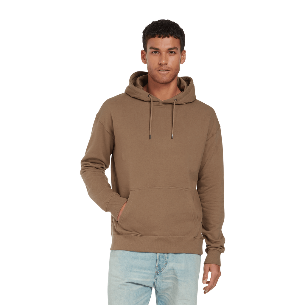 Earth Positive® EP301 pullover hoodie in natural cotton, worn by a model showcasing its comfortable fit and soft fabric.
