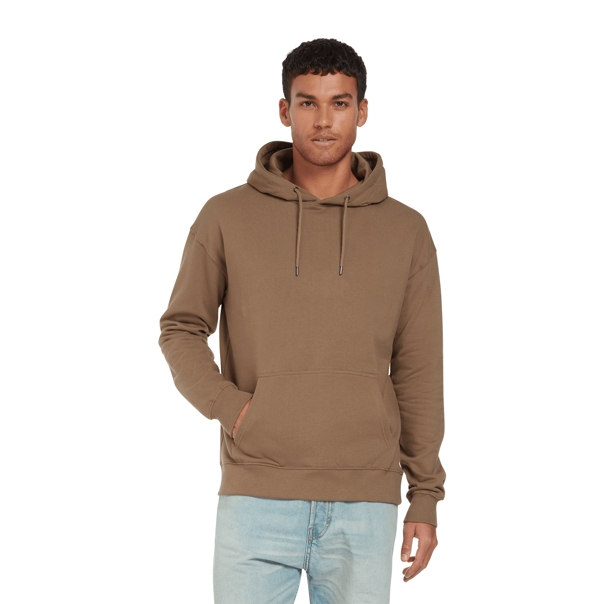 Earth Positive® EP301 pullover hoodie in natural cotton, worn by a model showcasing its comfortable fit and soft fabric.