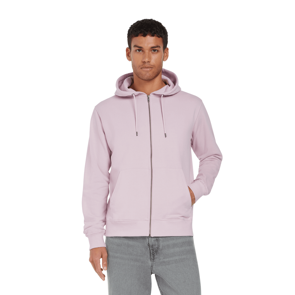 Earth Positive® full zip hoodie EP303, model wearing eco-friendly hoodie in a natural setting, showcasing front view and zipper details.