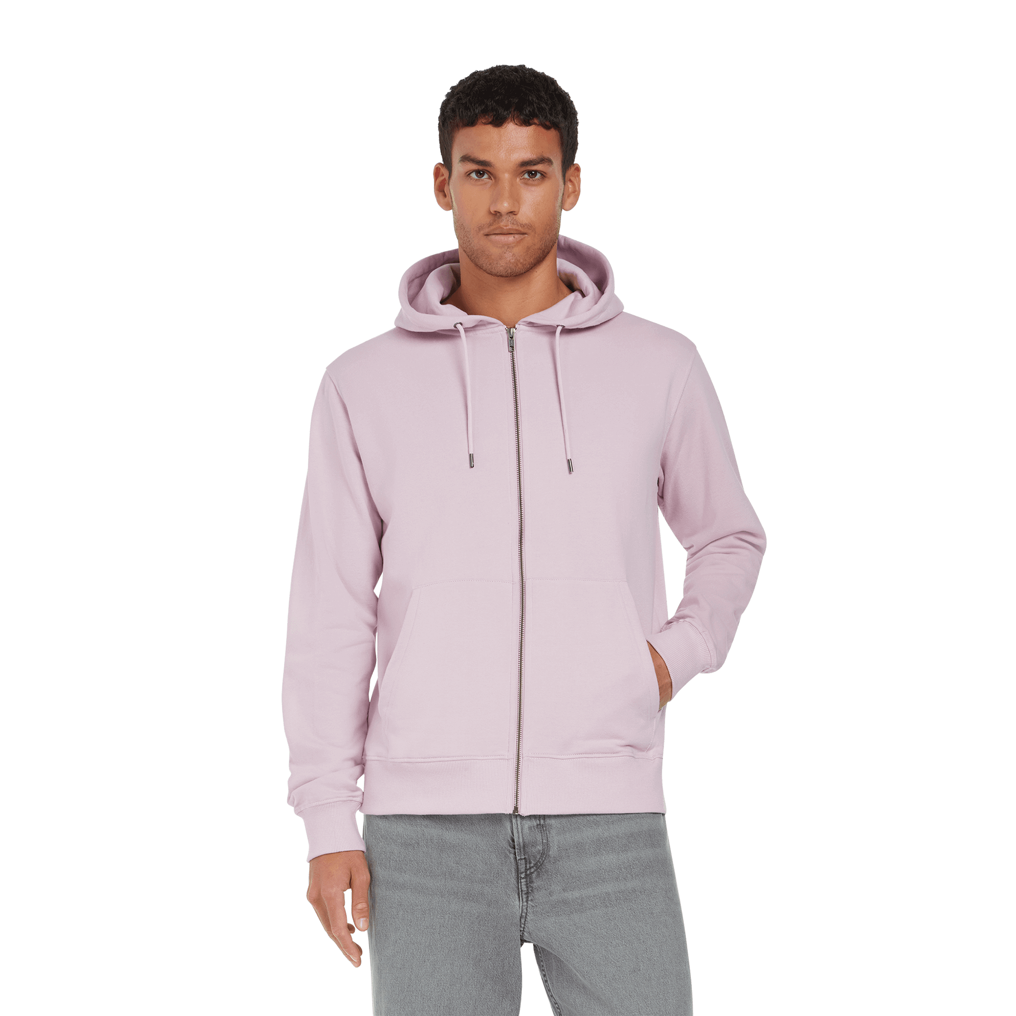 Earth Positive® full zip hoodie EP303, model wearing eco-friendly hoodie in a natural setting, showcasing front view and zipper details.
