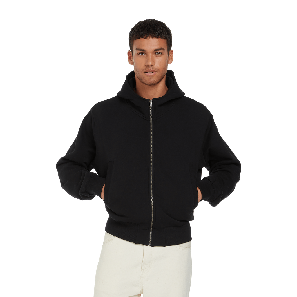 Earth Positive® Bomber Jacket Hoodie EP306, black hoodie with zip front and ribbed cuffs, worn by a model.