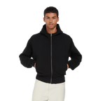 Earth Positive® Bomber Jacket Hoodie EP306, black hoodie with zip front and ribbed cuffs, worn by a model.