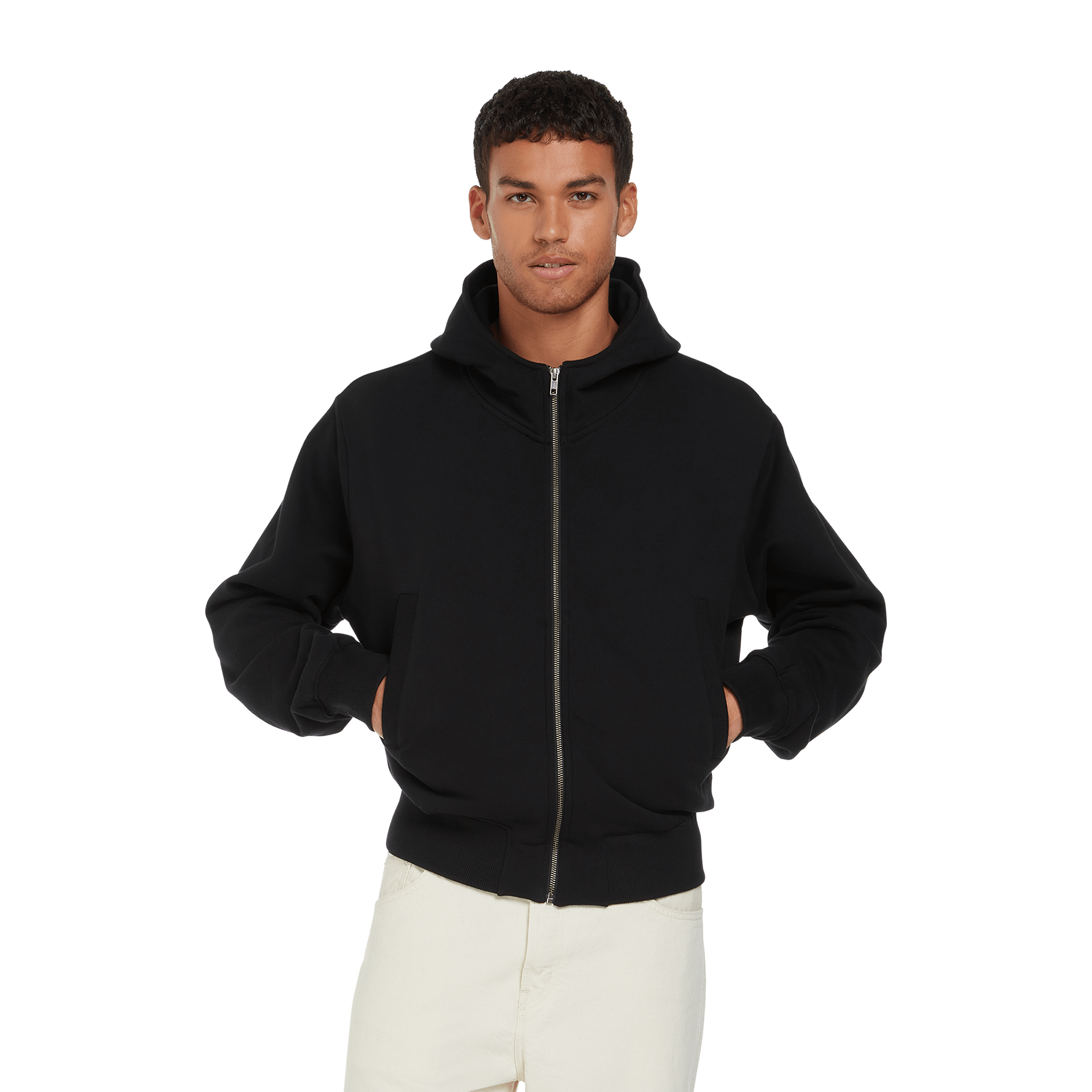 Earth Positive® Bomber Jacket Hoodie EP306, black hoodie with zip front and ribbed cuffs, worn by a model.