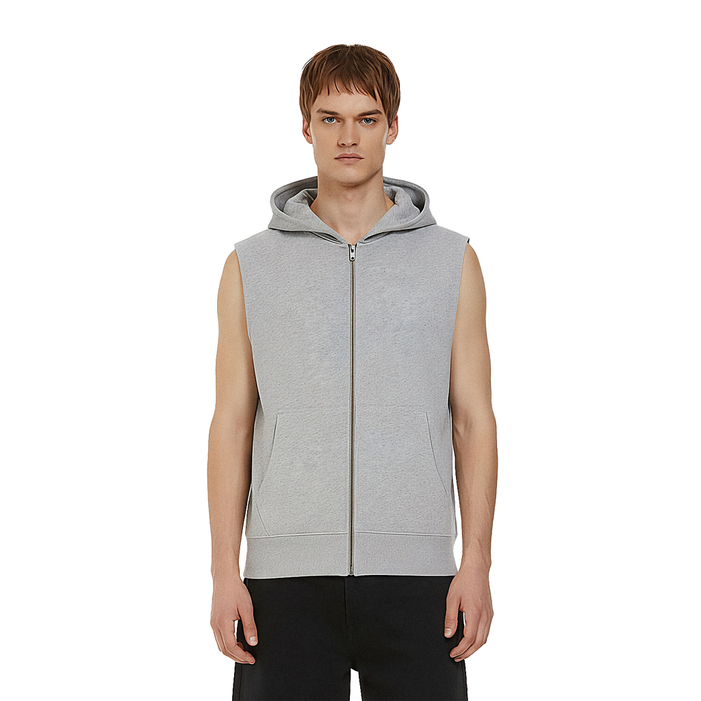 Earth Positive® EP309 sleeveless full zip hoodie, stylish eco-friendly hoodie with front zipper and sleeveless design, model wearing it.