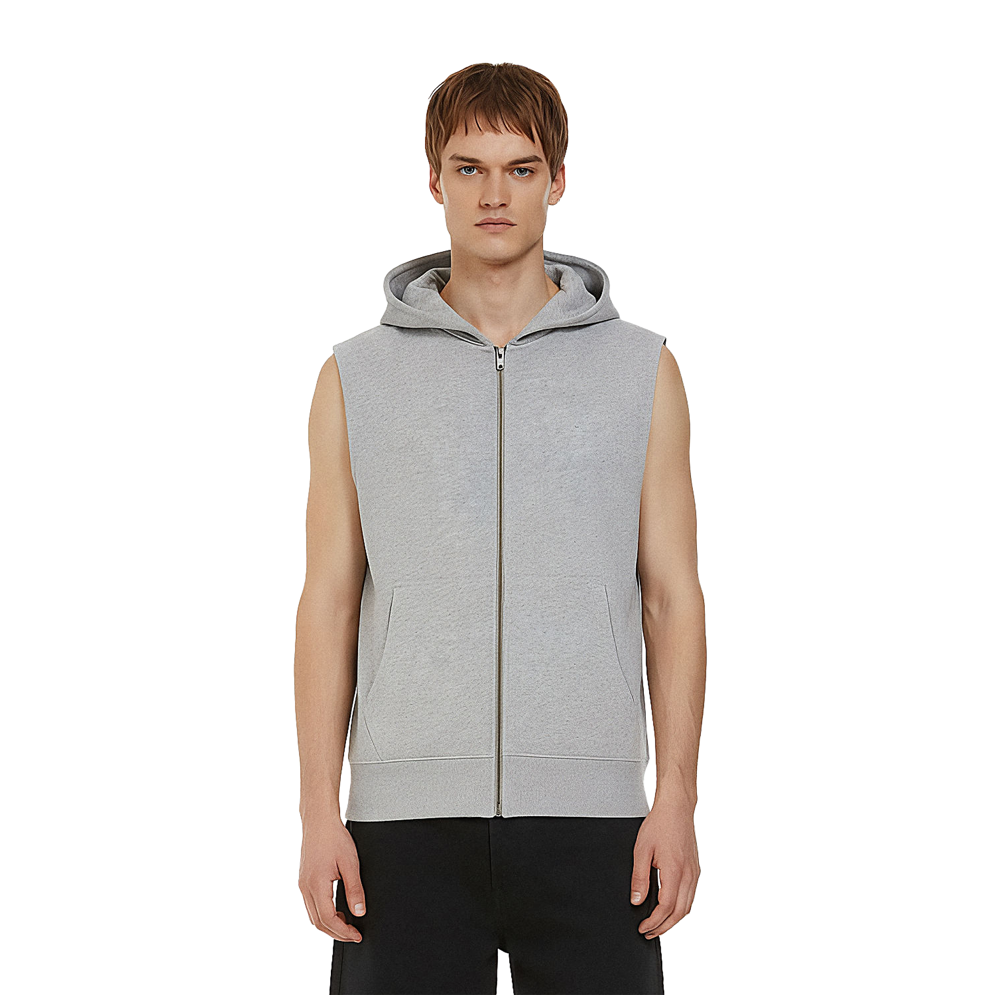 Earth Positive® EP309 sleeveless full zip hoodie, stylish eco-friendly hoodie with front zipper and sleeveless design, model wearing it.