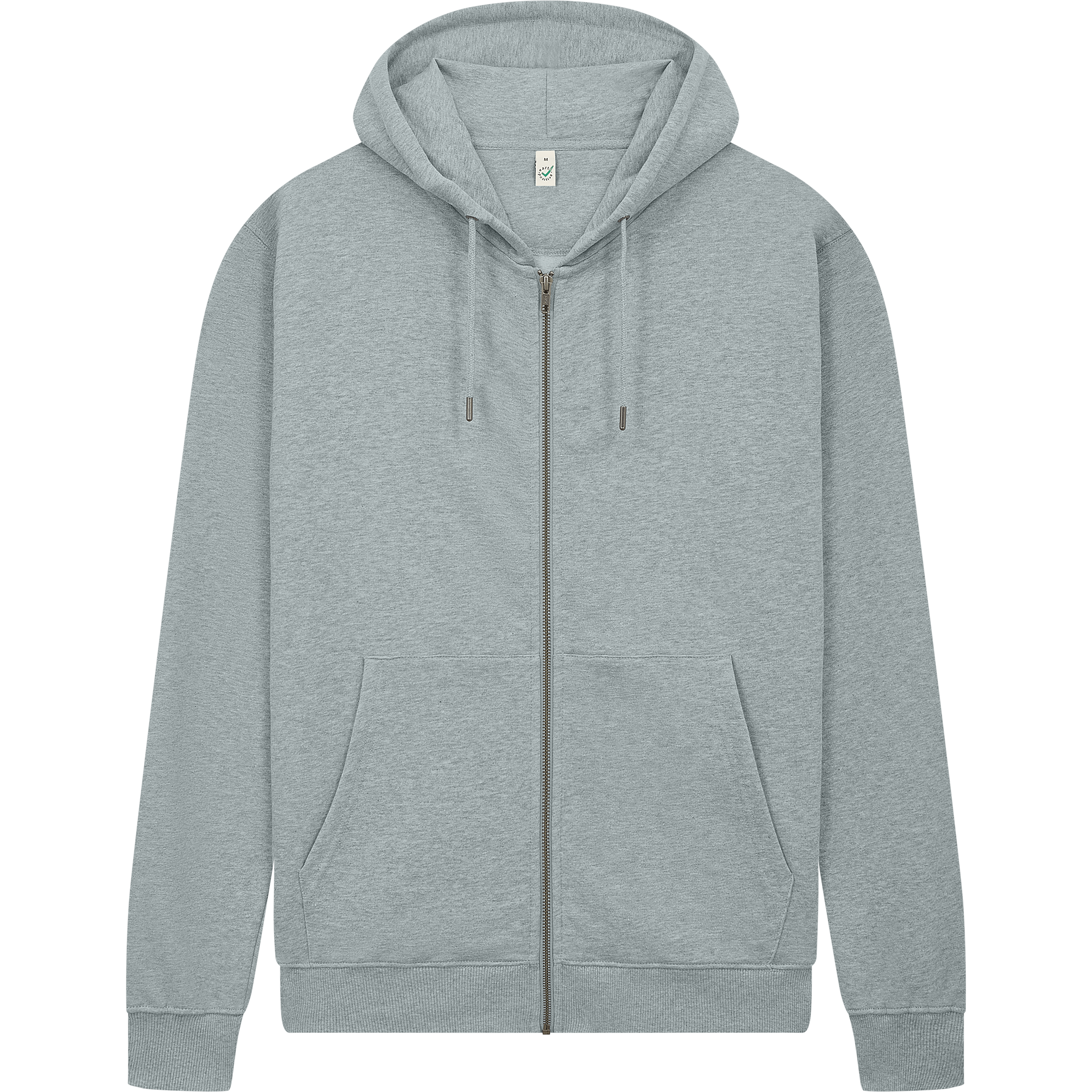 Earth Positive® Full Zip Hoodie EP303 in light heather gray, front view showing zip closure and hoodie with drawstrings.