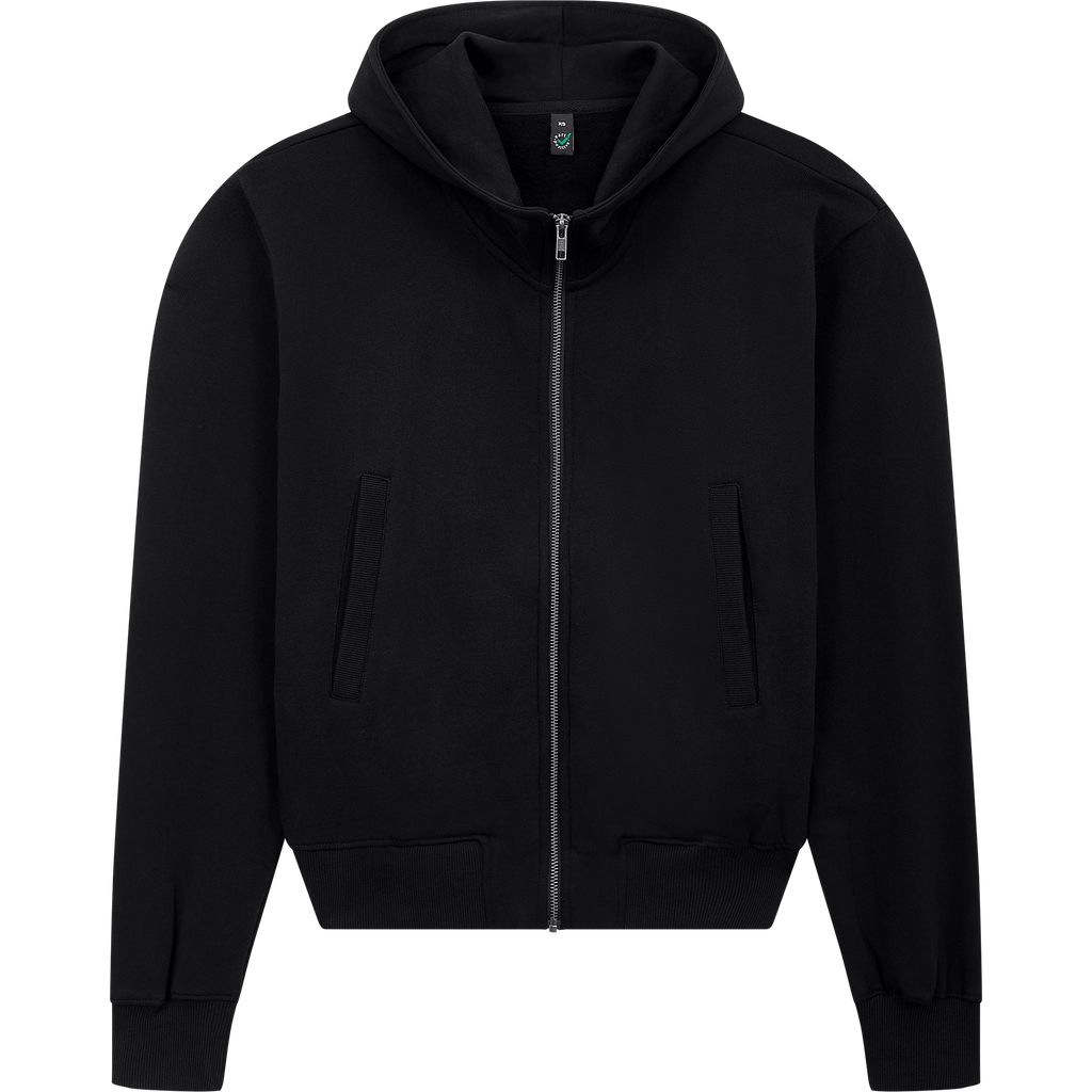 Earth Positive® Bomber Jacket Hoodie EP306 in black, front view showcasing the stylish zip-up design and comfortable fit.
