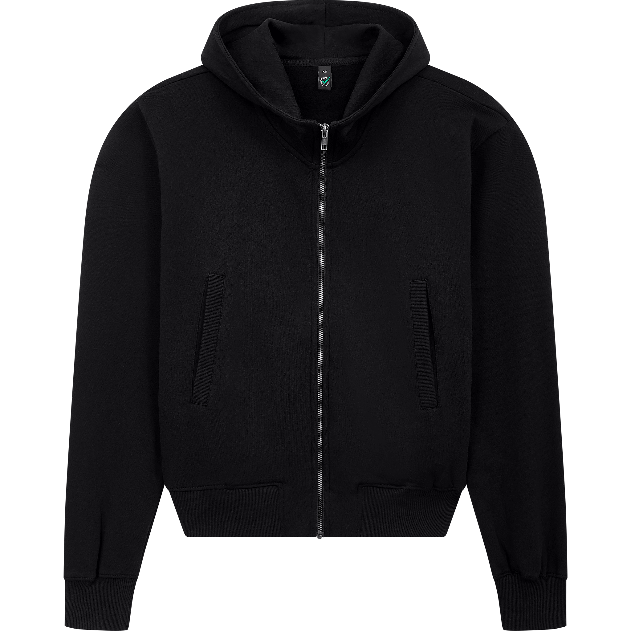 Earth Positive® Bomber Jacket Hoodie EP306 in black, front view showcasing the stylish zip-up design and comfortable fit.