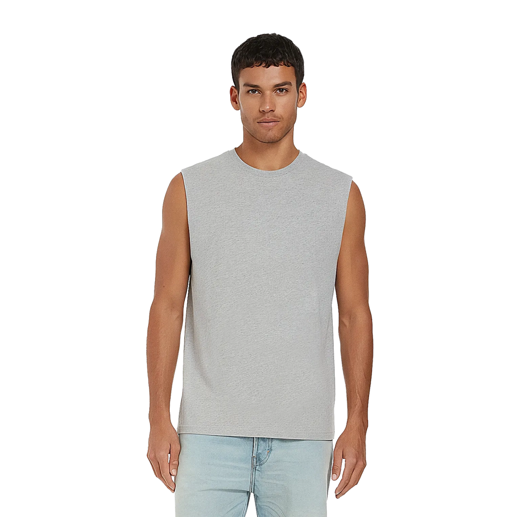 Earth Positive® sleeveless T-shirt EP01S in natural fabric, front view showcasing its casual fit and eco-friendly design.