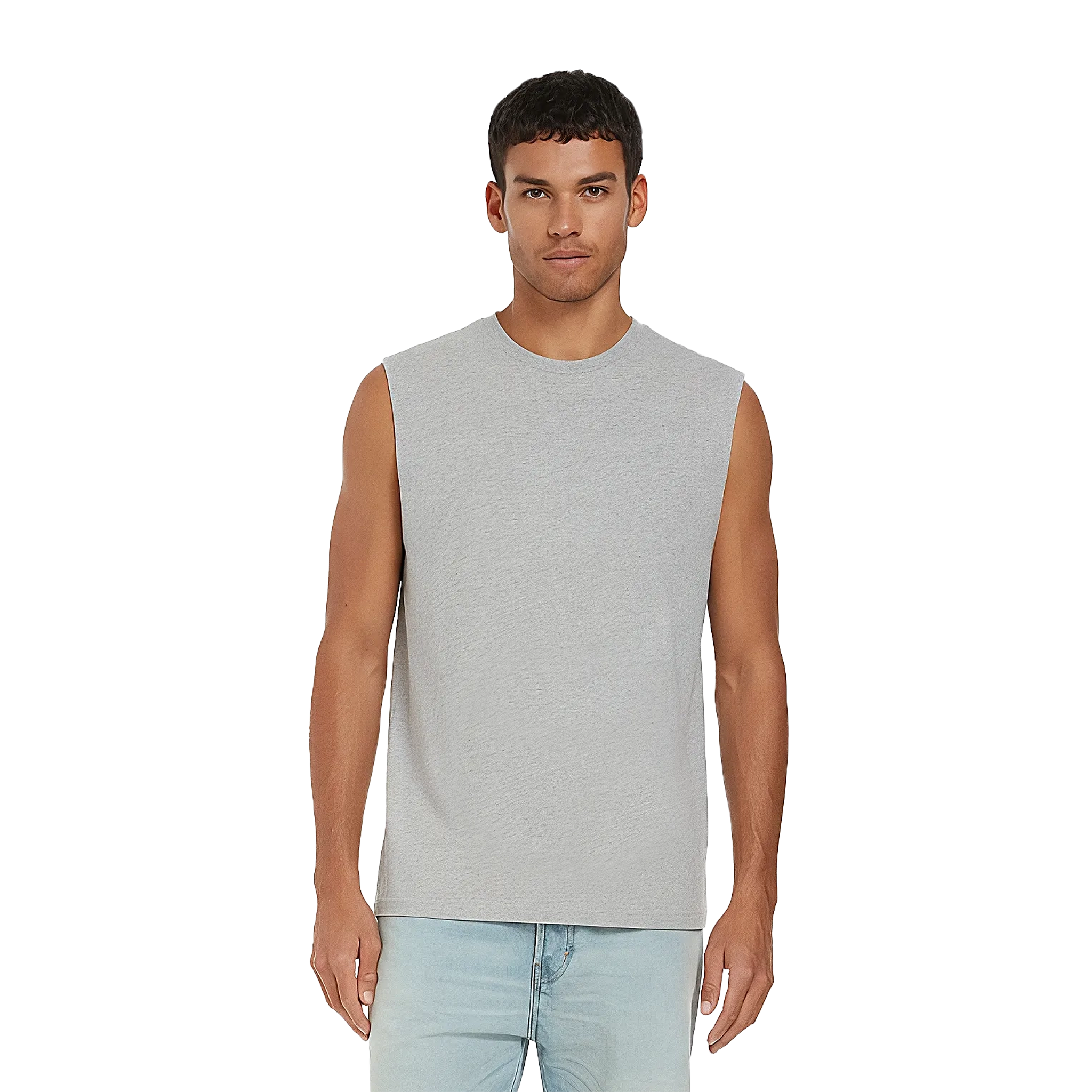 Earth Positive® sleeveless T-shirt EP01S in natural fabric, front view showcasing its casual fit and eco-friendly design.