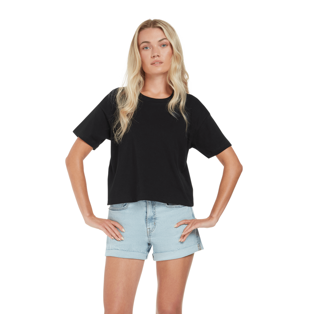 Earth Positive® women's premium boxy T-shirt in soft fabric, shown on a model with a relaxed fit and classic crew neckline.
