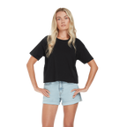 Earth Positive® women's premium boxy T-shirt in soft fabric, shown on a model with a relaxed fit and classic crew neckline.