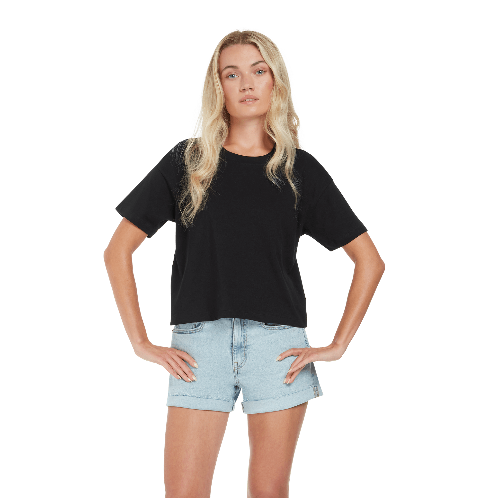 Earth Positive® women's premium boxy T-shirt in soft fabric, shown on a model with a relaxed fit and classic crew neckline.