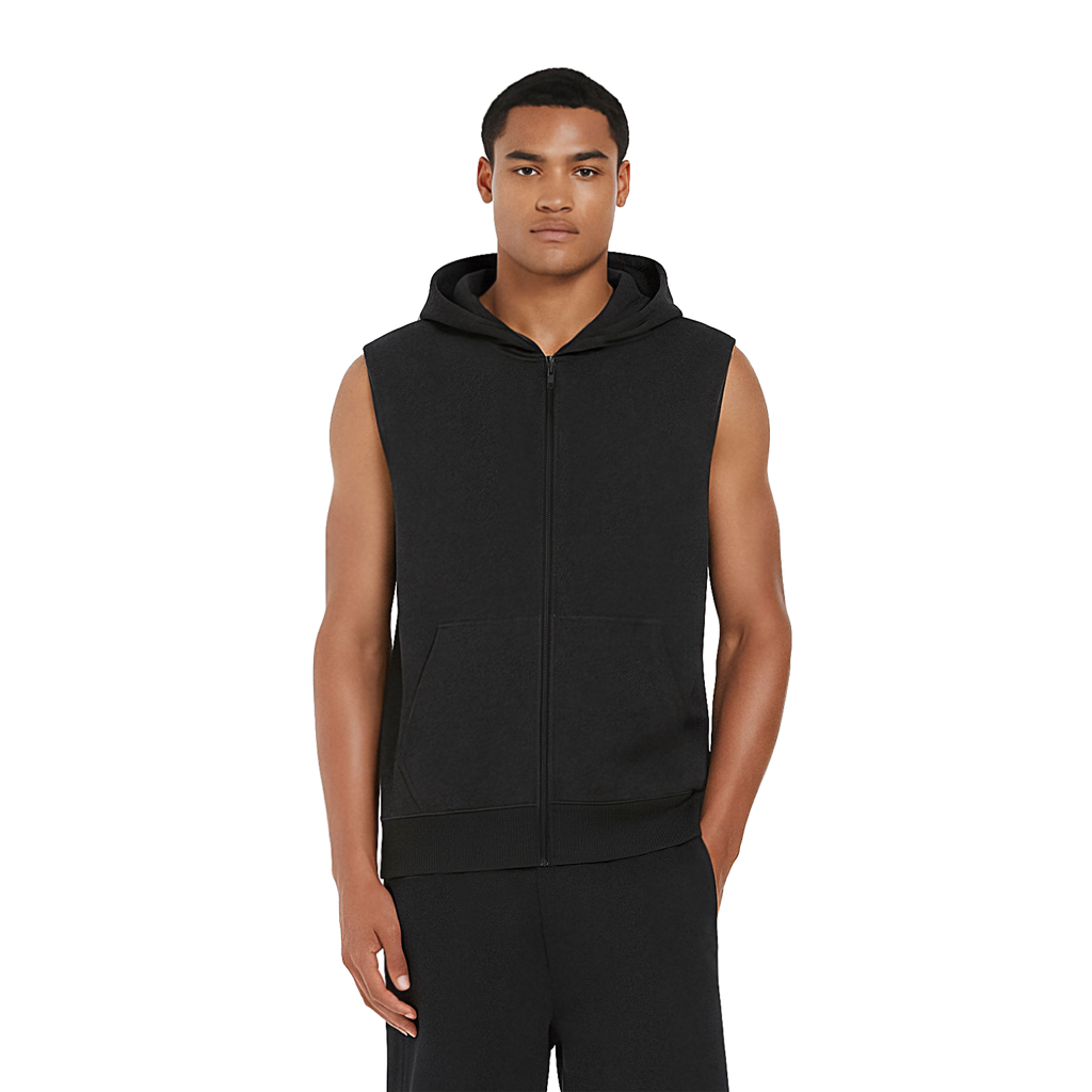 Earth Positive® sleeveless full zip hoodie EP309, model wearing eco-friendly sleeveless hoodie with front zipper and hoodie detail.
