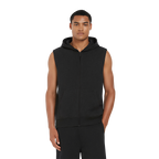 Earth Positive® sleeveless full zip hoodie EP309, model wearing eco-friendly sleeveless hoodie with front zipper and hoodie detail.