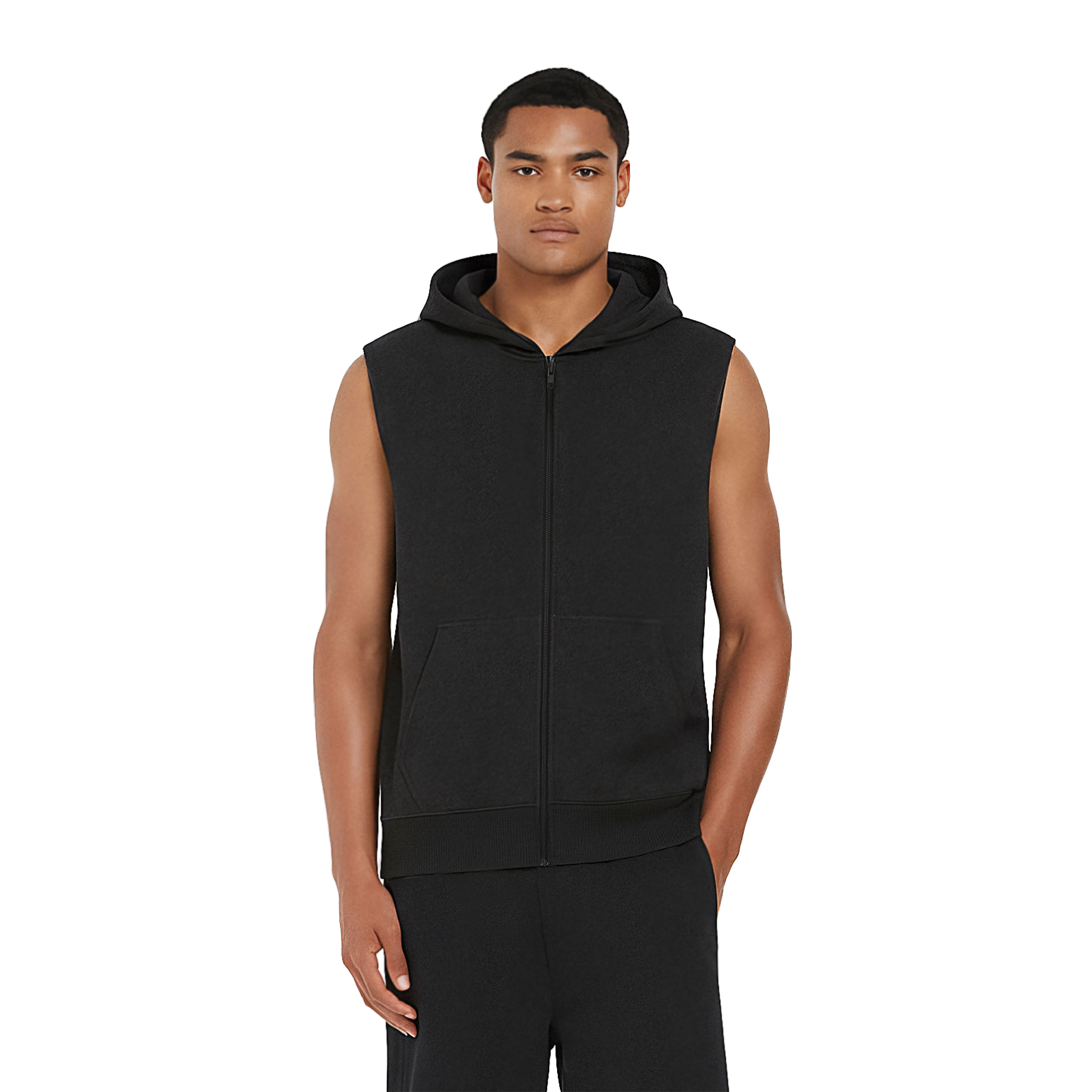 Earth Positive® sleeveless full zip hoodie EP309, model wearing eco-friendly sleeveless hoodie with front zipper and hoodie detail.