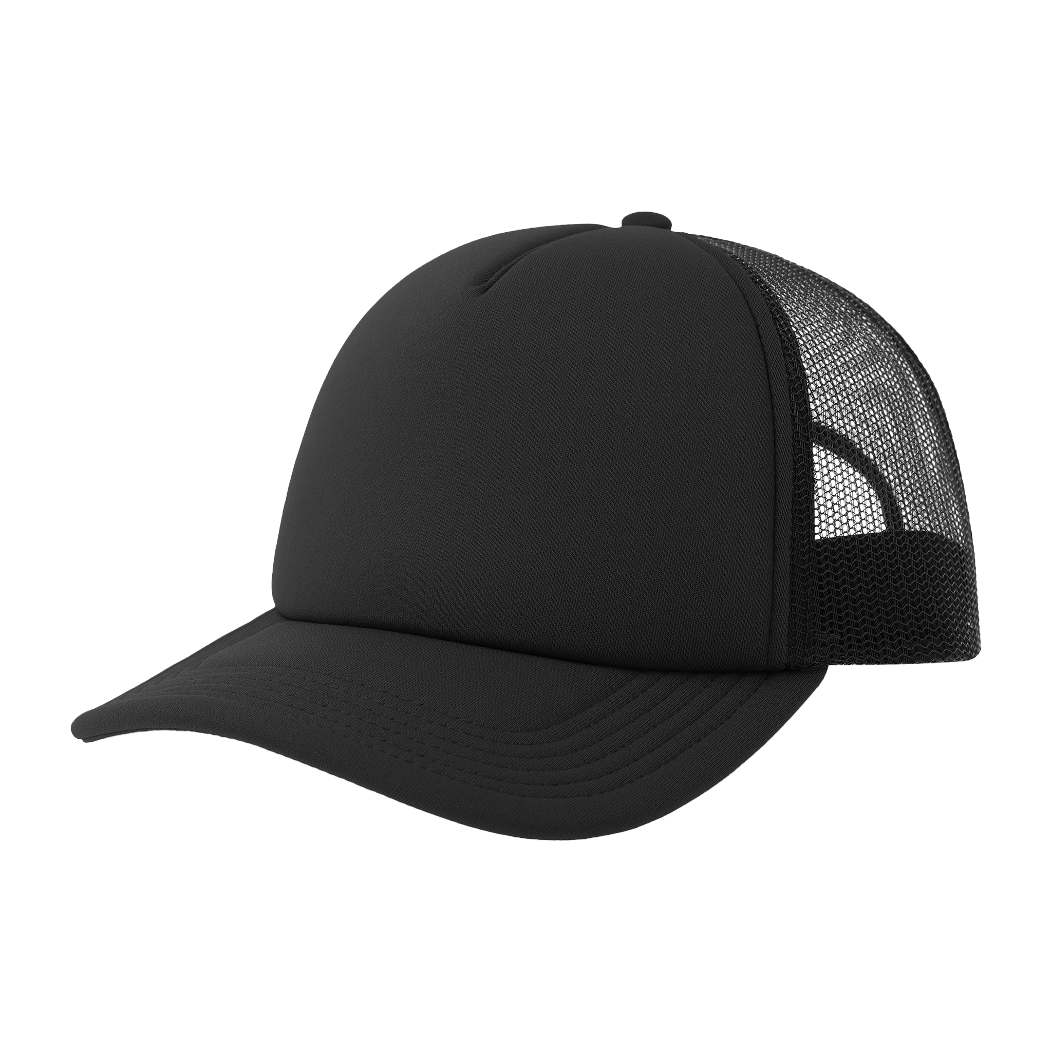 Black Atlantis Trucker rapper-style cap with mesh back and curved brim, adjustable strap, and bold front logo.